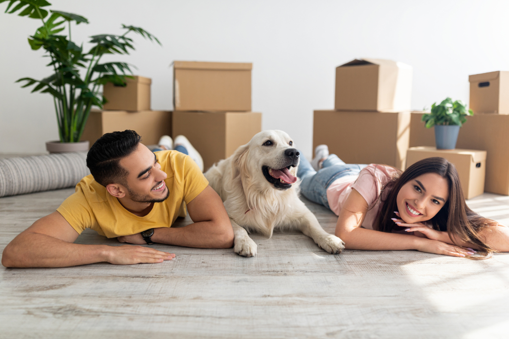 Cool young diverse couple lying on floor among carton boxes with their cute dog, relocating to new home with pet